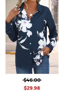 Floral Print Button Peacock Blue Long Sleeve Blouse