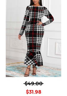 Plaid Mermaid Black Long Sleeve Round Neck Bodycon Dress