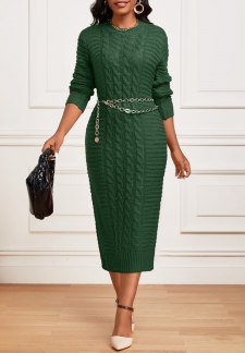 Twisted Green Long Sleeve Round Neck Dress