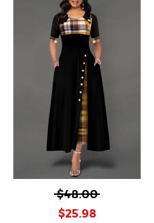 Decorative Button Ginger Plaid Round neck Dress