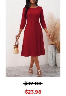 3/4 Sleeve Wine Red Round Neck Dress