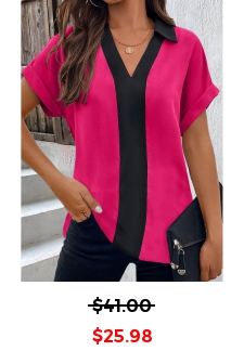 Hot Pink V Neck Short Sleeve Patchwork Blouse