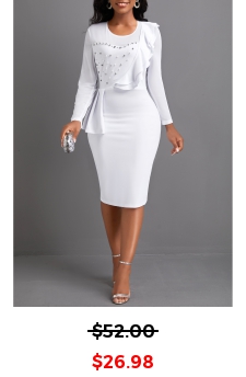 White Round Neck Long Sleeve Pearl Bodycon Dress