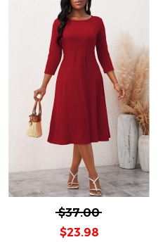 3/4 Sleeve Wine Red Round Neck Dress