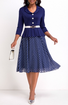 Polka Dot Fake 2in1 Navy Lapel Dress