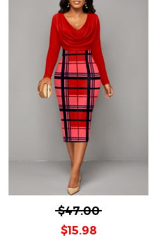 Red Plaid V Neck Long Sleeve Bodycon Dress