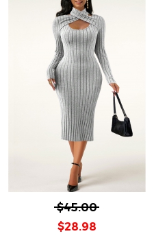 Cut Out Light Grey Long Sleeve Halter Dress