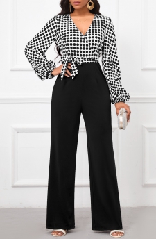 Polka Dot Patchwork Belted Black Cross Collar Jumpsuit