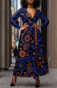Tribal Print Split Belted Multi Color Maxi Dress