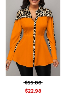 Leopard Patchwork Orange Shirt Collar Long Sleeve Blouse
