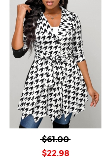 Houndstooth Print Button Belted Black Lapel Coat