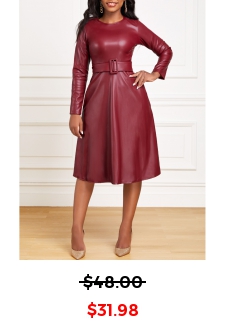 Faux Leather Belted Wine Red Boat Neck Dress