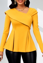 Asymmetry Yellow Long Sleeve Asymmetrical Neck Blouse