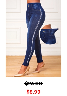 Blue Elastic Waist High Waisted Ankle Length Leggings