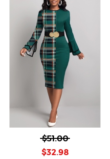 Plaid Patchwork Green Round Neck Bodycon Dress