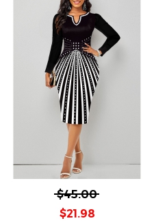 Geometric Print Split Black Long Sleeve Bodycon Dress