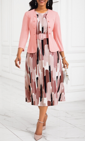 Two Piece Belted Pink Round Neck Dress and Cardigan