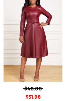 Faux Leather Belted Wine Red Boat Neck Dress