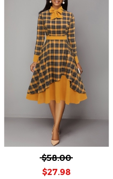 Plaid Patchwork Orange Tie Collar Long Sleeve Dress