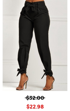 Belted Black Elastic Mid Waisted Pants