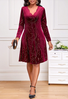 Geometric Print Velvet Wine Red Long Sleeve Dress