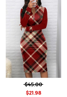 Plaid Zipper Wine Red Long Sleeve Bodycon Dress