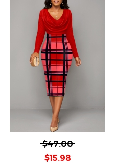 Red Plaid V Neck Long Sleeve Bodycon Dress
