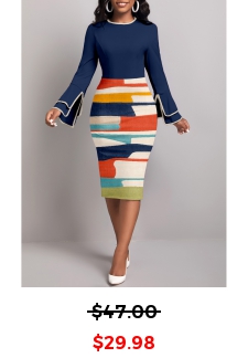 Graffiti Print Patchwork Navy Long Sleeve Bodycon Dress