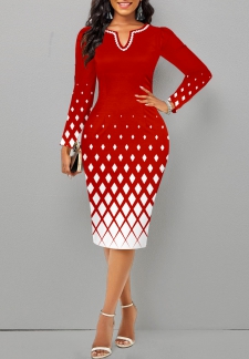 Plus Size Red Split Geometric Print Bodycon Dress