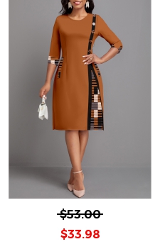 Geometric Print Patchwork Dark Coffee Round Neck Dress