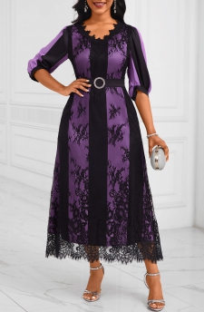 Lace Belted Purple V Neck Half Sleeve Dress