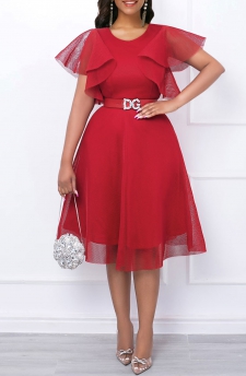 Mesh V Neck Short Sleeve Red Dress