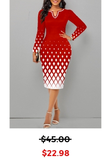 Geometric Print Split Christmas Red Long Sleeve Dress