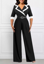 Lapel Patchwork Belted Black Long Jumpsuit