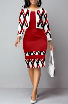 Geometric Print Patchwork Wine Red Round Neck Bodycon Dress and Cardigan