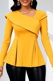 Asymmetry Yellow Long Sleeve Asymmetrical Neck Blouse