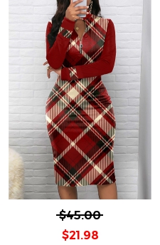 Plaid Zipper Wine Red Long Sleeve Bodycon Dress