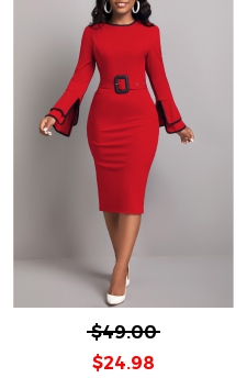 Contrast Binding Belted Wine Red Bodycon Dress