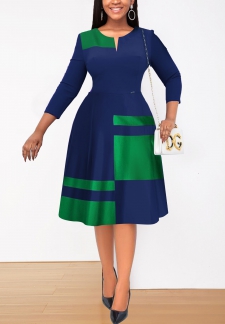 Geometric Print Patchwork Navy Zipper Dress
