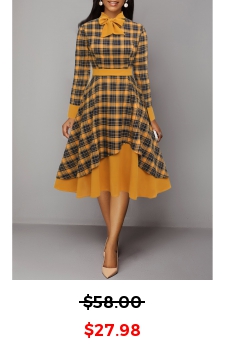 Plaid Patchwork Orange Tie Collar Long Sleeve Dress