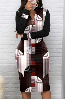 Geometric Print Zipper Black Long Sleeve Bodycon Dress