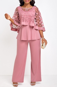 Boat Neck Breathable Pink Long Jumpsuit and Cardigan