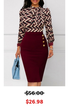 Striped Button Wine Red Tie Collar Bodycon Dress