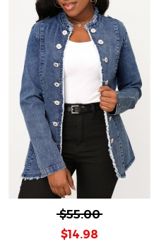 Denim Blue Button Stand Collar Long Sleeve Jacket