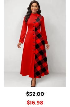 Plaid Patchwork Red Stand Collar Maxi Dress
