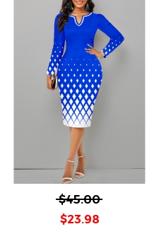 Geometric Print Split Royal Blue Long Sleeve Dress