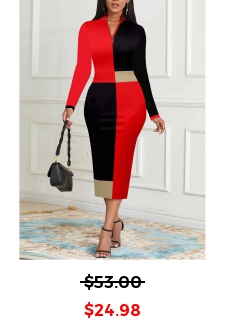 Geometric Print Black Stand Collar Bodycon Dress