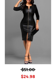 Vegan Leather Round Neck Black Bodycon Dress