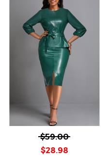 Faux Leather Belted Blackish Green Round Neck Bodycon Dress