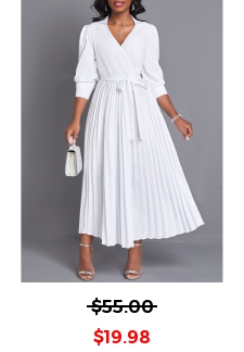 Pleated Belted White V Neck Maxi Dress